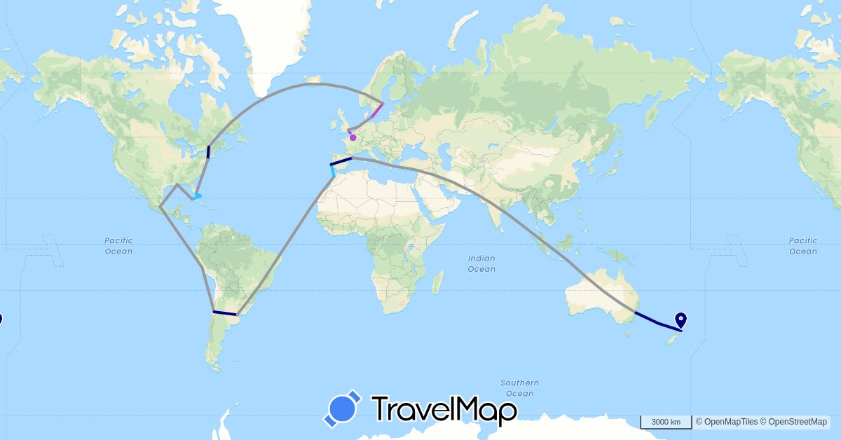TravelMap itinerary: driving, plane, train, boat in Argentina, Australia, Bahamas, Canada, Chile, Cuba, Denmark, Spain, France, United Kingdom, Greece, Indonesia, Iceland, Morocco, Mexico, Netherlands, New Zealand, Peru, Portugal, Sweden, United States (Africa, Asia, Europe, North America, Oceania, South America)